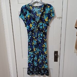 APT 9 STRETCH Rayon Floral Blue BLACK and GOLD Women's Dress Very Good Condition